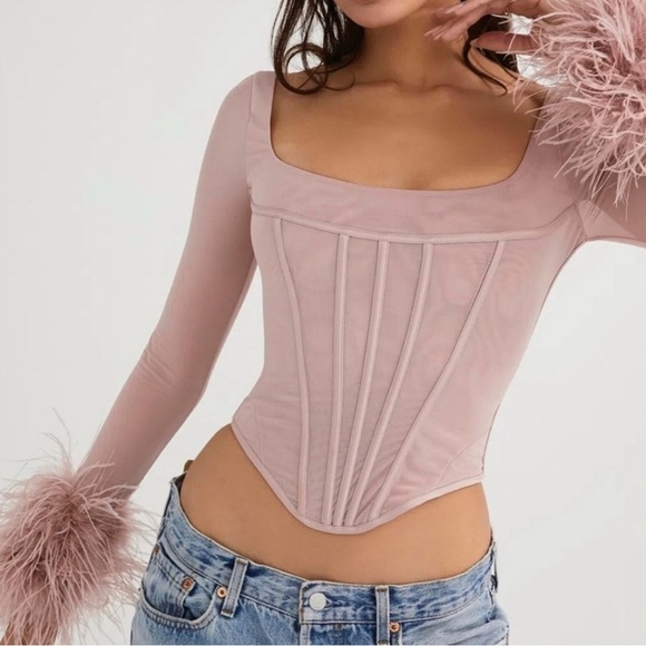 💥SOLD💥 House of CB Stella Blush Pink Mesh Feather Trimmed Corset Top Small - Picture 3 of 16
